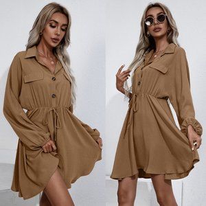 Collared Tie Waist Button Up Shirt Dress In Khaki